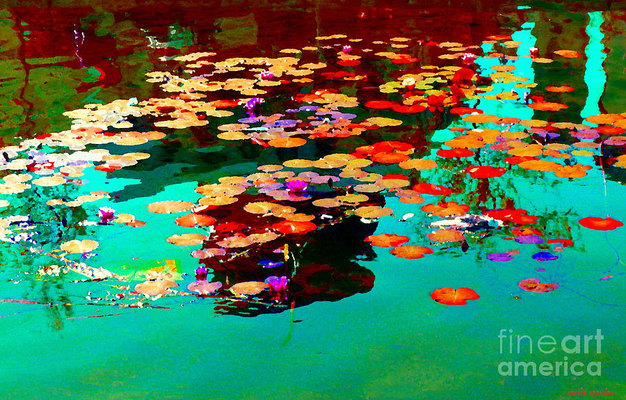 Water Lilies Pond Pink Lotus And Koi  Beautiful Nympheas Water Garden  Quebec Art Carole Spandau Painting by Carole Spandau