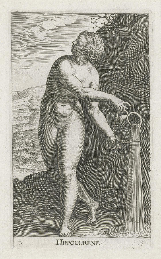Mount Helicon Drawing - Water Nymph Hippoccrene, Philips Galle by Philips Galle