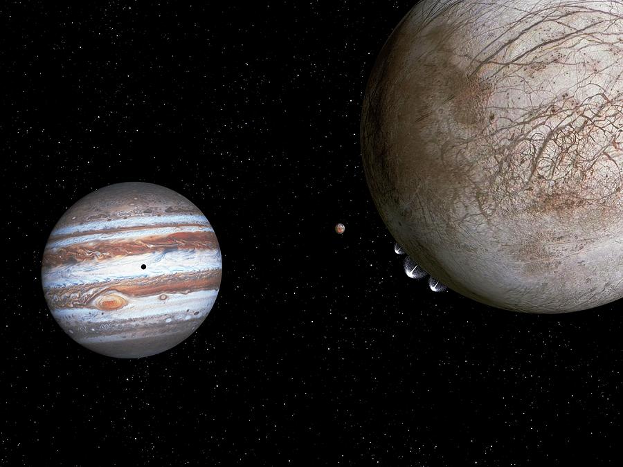 Space Photograph - Water Plumes Erupting From Europa by Nasa/esa/g. Bacon (stsci)/science Photo Library