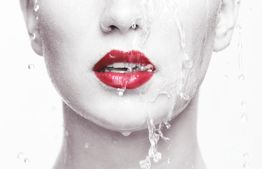 Water running over woman face with red lips Photograph by Maxim Images Exquisite Prints