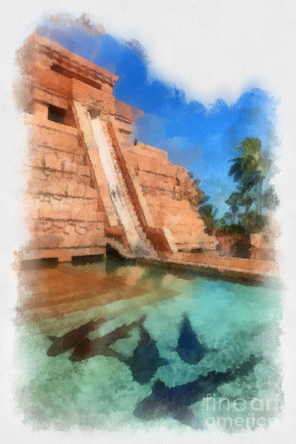 Mayan Digital Art - Water Slide at the Mayan Temple Atlantis Resort by Amy Cicconi