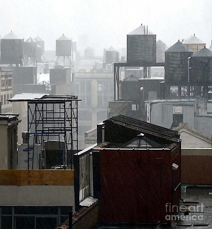 Water Towers on NYC Rooftops and Rain Photograph by Lilliana Mendez