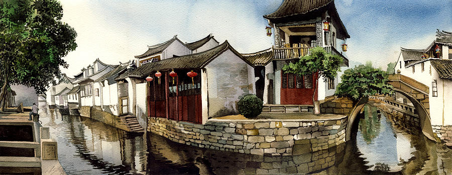 Water village Shanghai China Painting by Alfred Ng