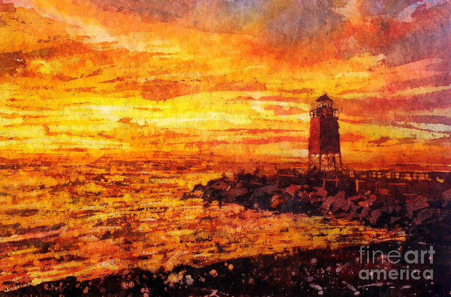 Watercolor batik of Charlevoix lighthouse at sunset Painting by Ryan Fox