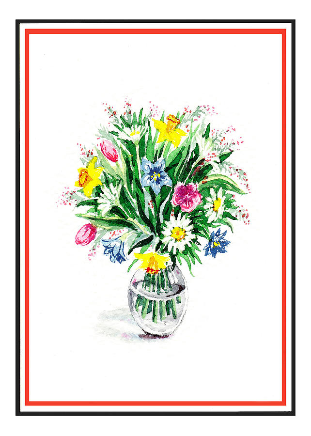 Watercolor Flowers Bouquet In The Glass Vase Painting
