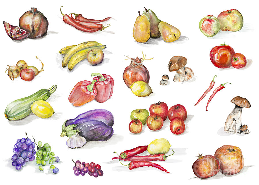 Grape Painting - Watercolor fruits and vegetables set by Irina Gromovaja