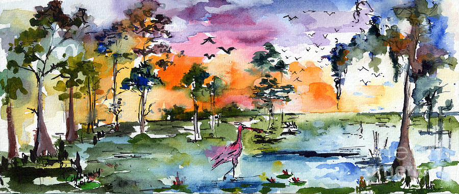 Watercolor Landscape Wetland Nature with Spoonbill Painting by Ginette Callaway