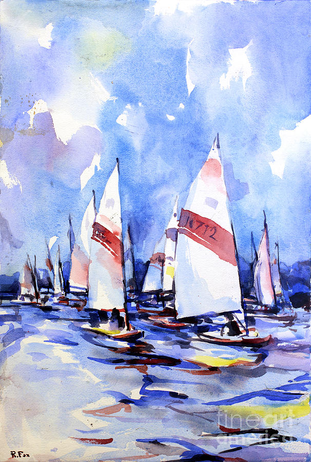 Watercolor of scow boats racing Torch Lake MI Painting by Ryan Fox