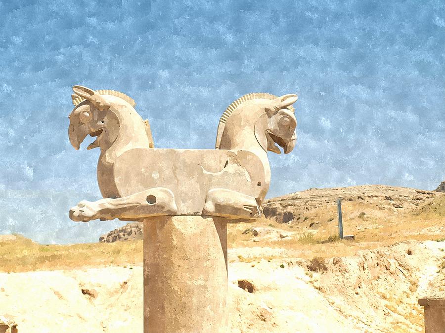 Architecture Painting - Watercolor of two-headed Griffin statue in an ancient city of Persepolis in Shiraz in Iran by Ammar Mas-oo-di