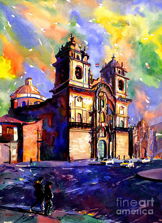 City Painting - Watercolor painting of Church on the Plaza de Armas Cusco Peru by Ryan Fox
