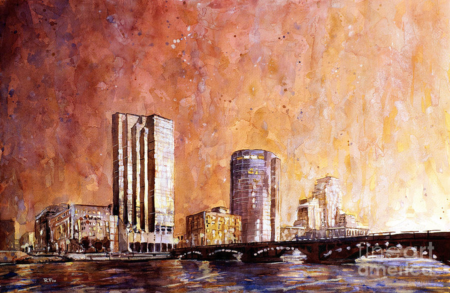 Watercolor painting of downtown skyline of Grand Rapids Michiga Painting by Ryan Fox