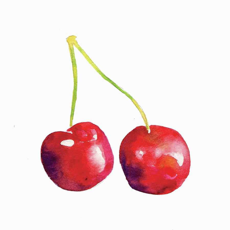 Watercolor Painting Of Two Cherries Painting by Ikon Ikon Images