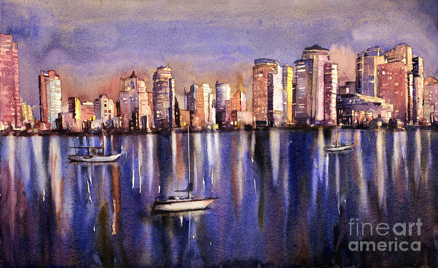 Watercolor painting of Vancouver skyline Painting by Ryan Fox