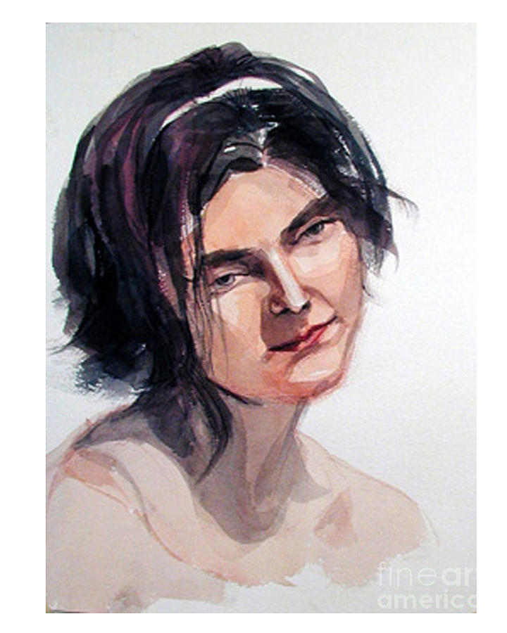 Watercolor portrait of a young pensive woman with headband Painting by Greta Corens