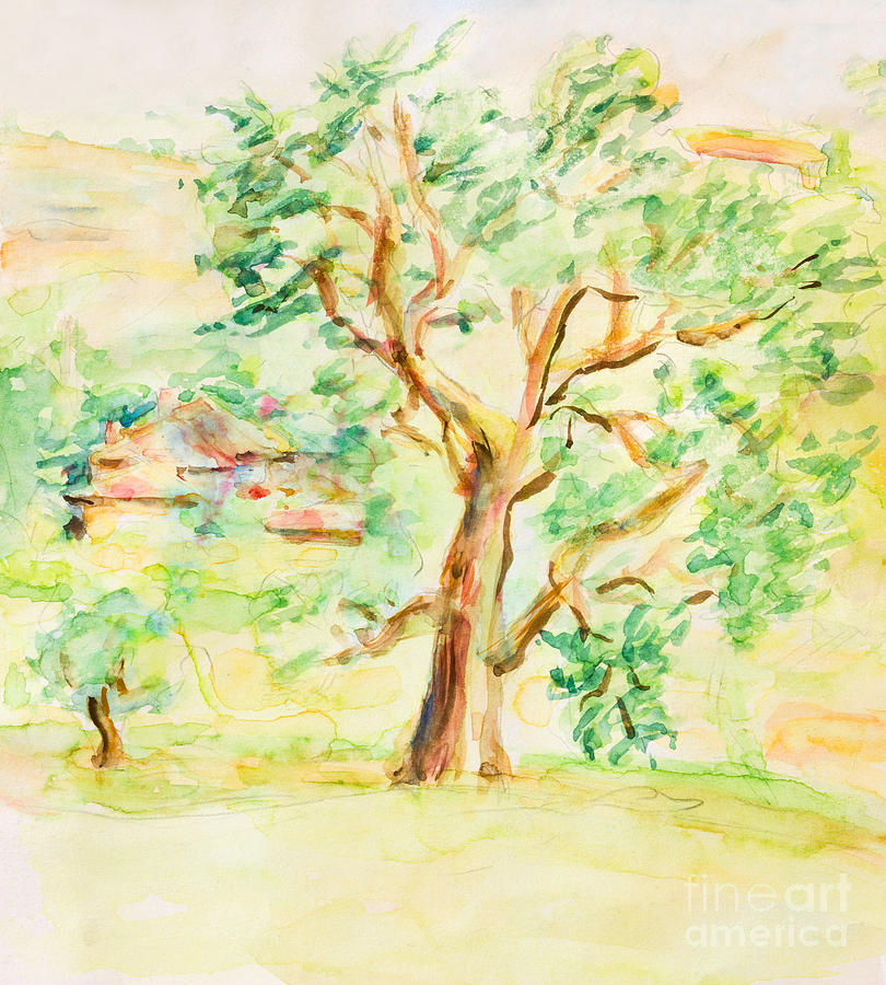 Tree Painting - Watercolor Rural Summer Landscape by Kiril Stanchev