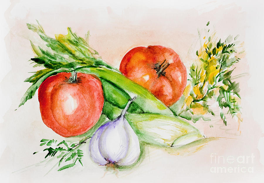 Watercolor tomatoes and spicy greens Painting by Irina Gromovaja - Pixels