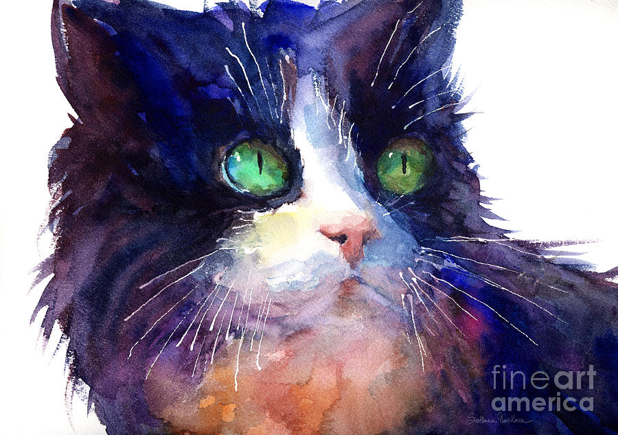 Austin Painting - Watercolor Tuxedo tubby Cat by Svetlana Novikova