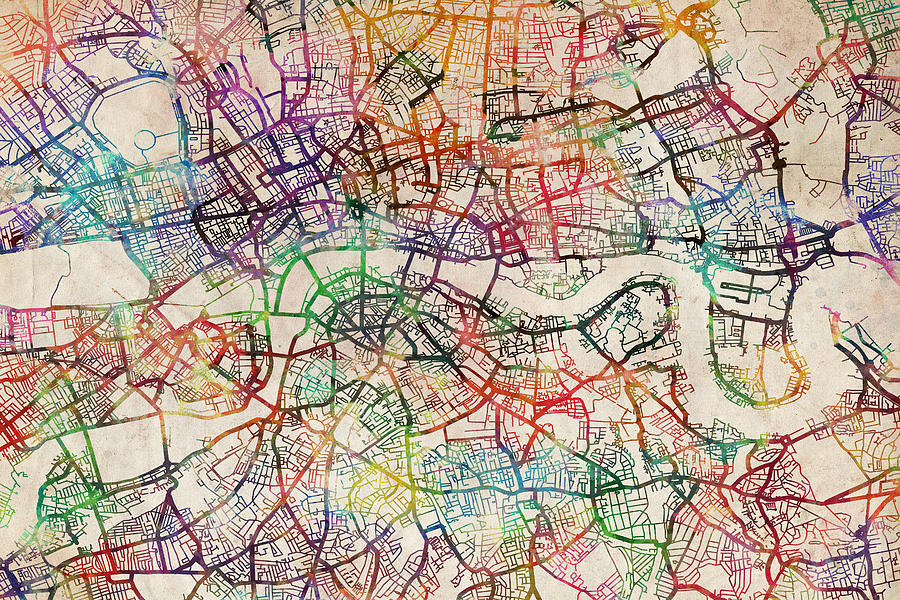 London Digital Art - Watercolour Map of London by Michael Tompsett