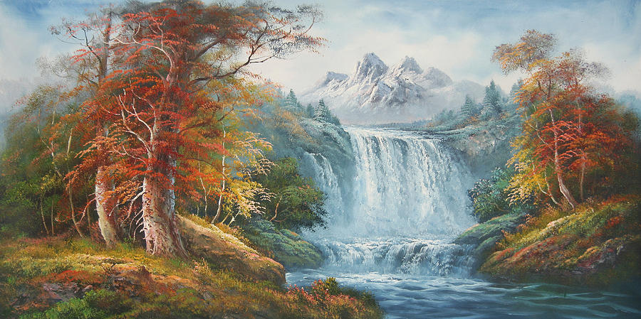 Waterfall And Trees With Red Leaves Painting by Unknown - Fine Art America