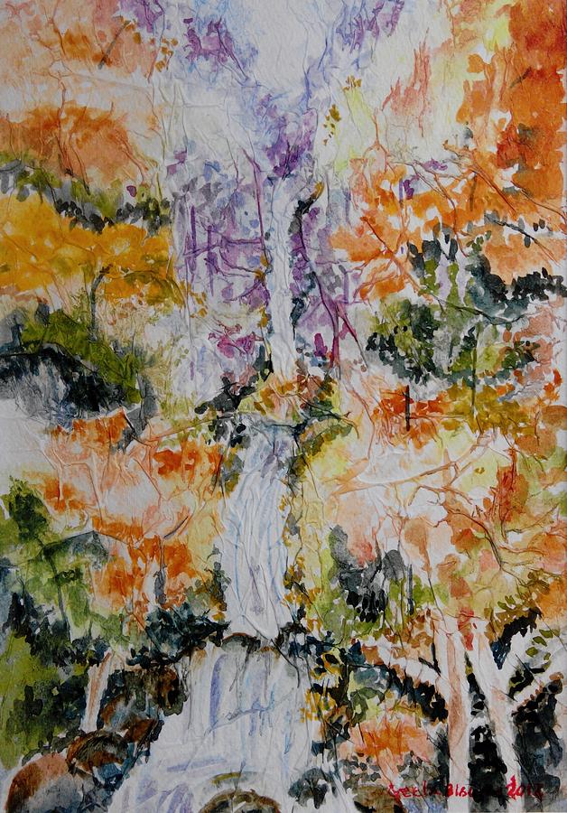 Waterfall in Forest Painting by Geeta Yerra