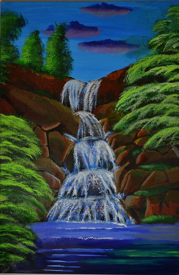 Waterfall with trees Painting by P Dwain Morris