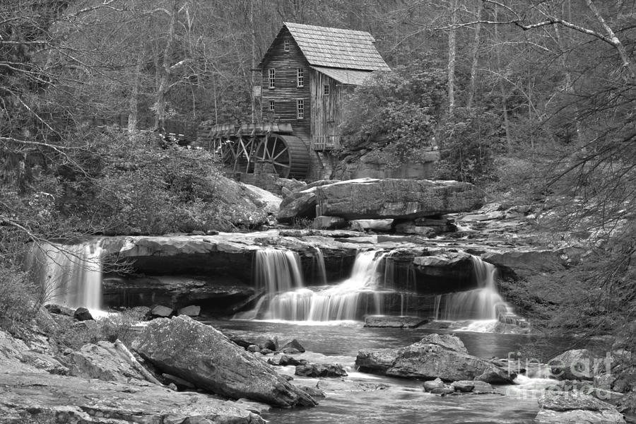 Waterfalls And A Grist Mill In Black And White Photograph by Adam Jewell