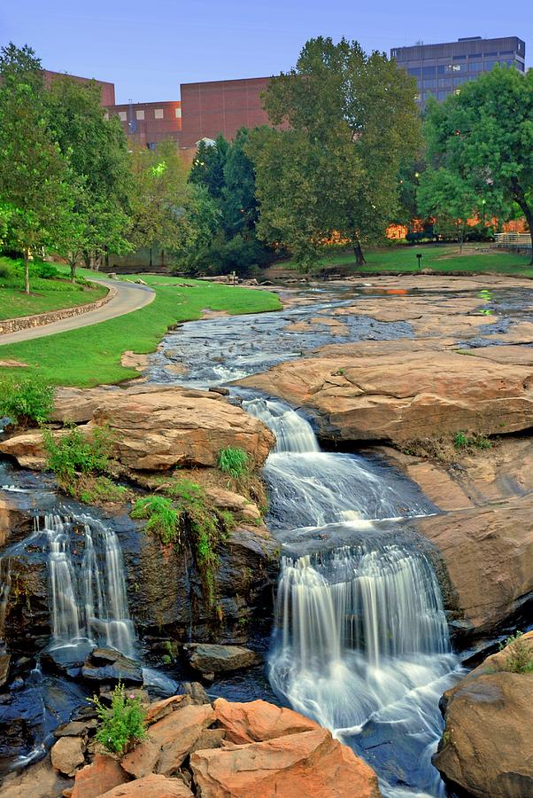 Waterfalls and Downtown Greenville SC Skyline at Dawn Photograph by ...