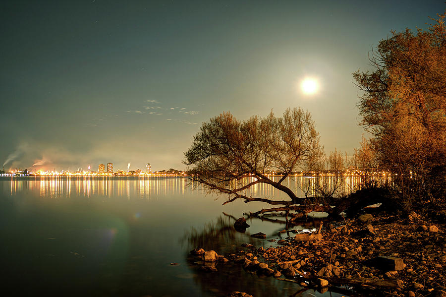 Waterfront By Moonlight With Industrial Photograph by Ryan Poole