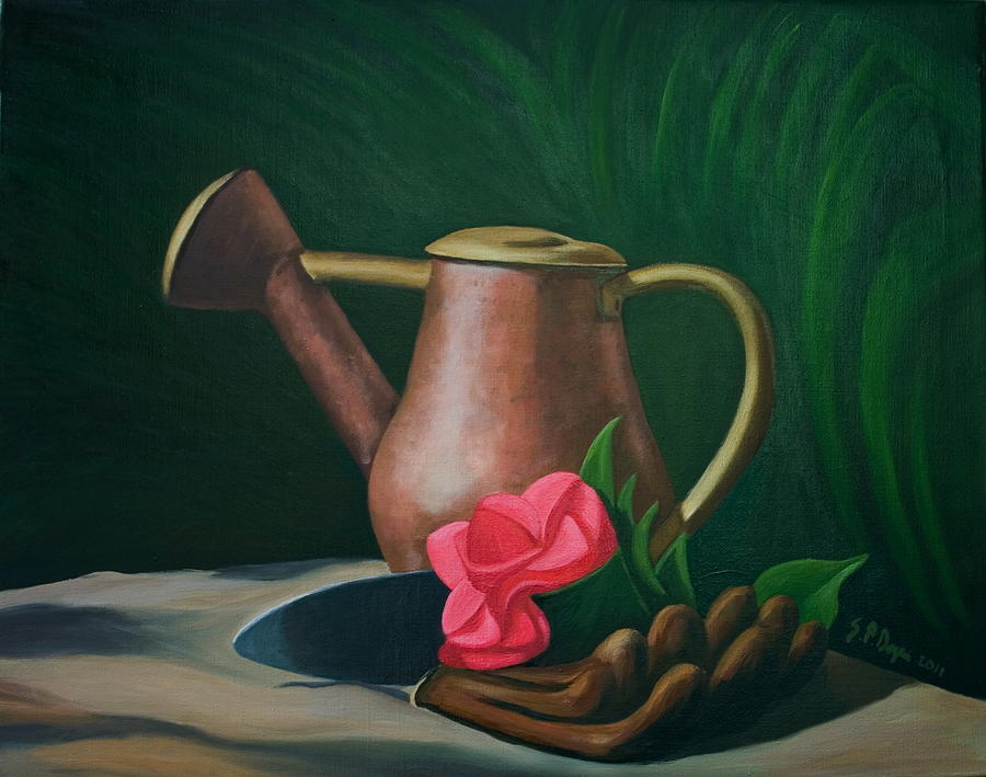 Watering Can and Camelia Painting by Stephen Degan