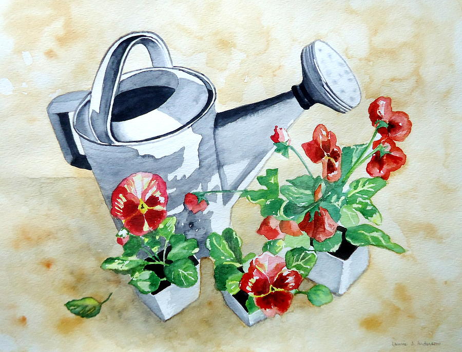 Watering Can with Pansies Painting by Laurie Anderson