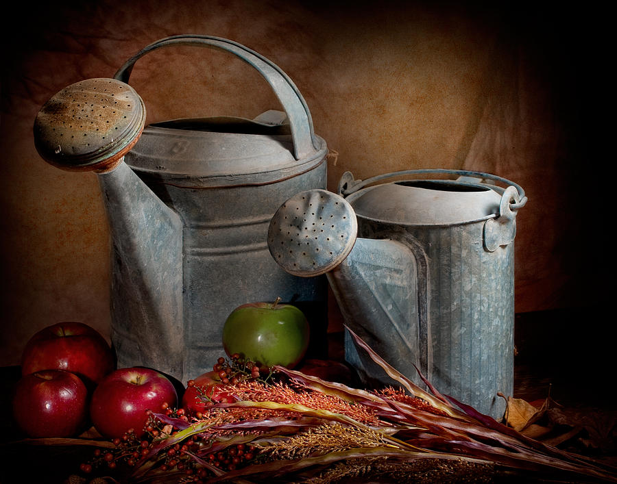 Apple Photograph - Watering Cans by David and Carol Kelly