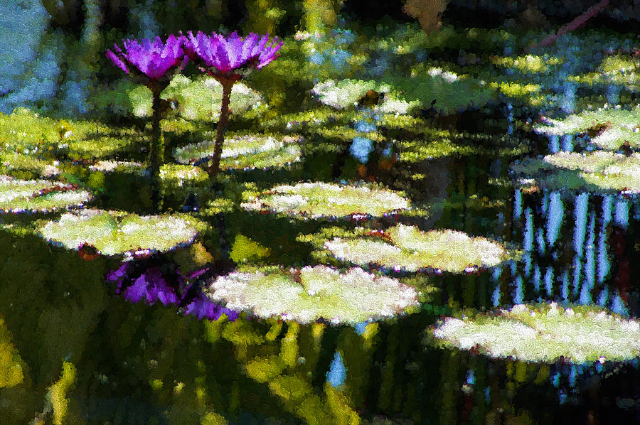 Lily Digital Art - Waterlilies - Green and Purple Impressions by Georgia Mizuleva