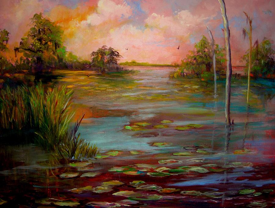 Sunset Painting - Waterlilies on the Swamp by AnnE Dentler