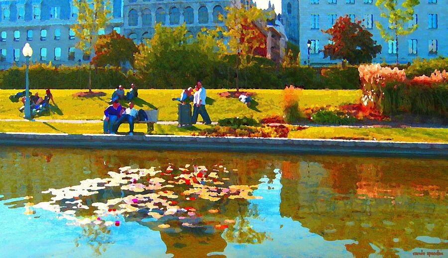Waterlily Gardens At The Old Port Vieux Montreal Quebec Summer Scenes Carole Spandau Painting by Carole Spandau
