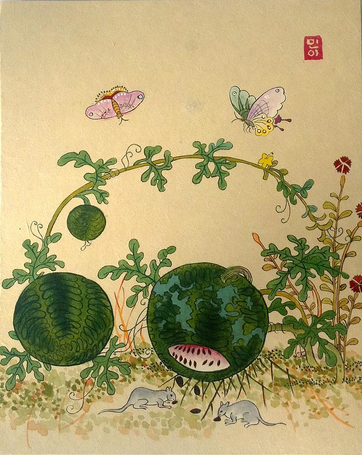 Watermelons And Butterflies Painting by Minhwa Art