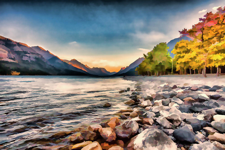Sunset Painting - Waterton Lake In Autumn Colours by Ron Harris