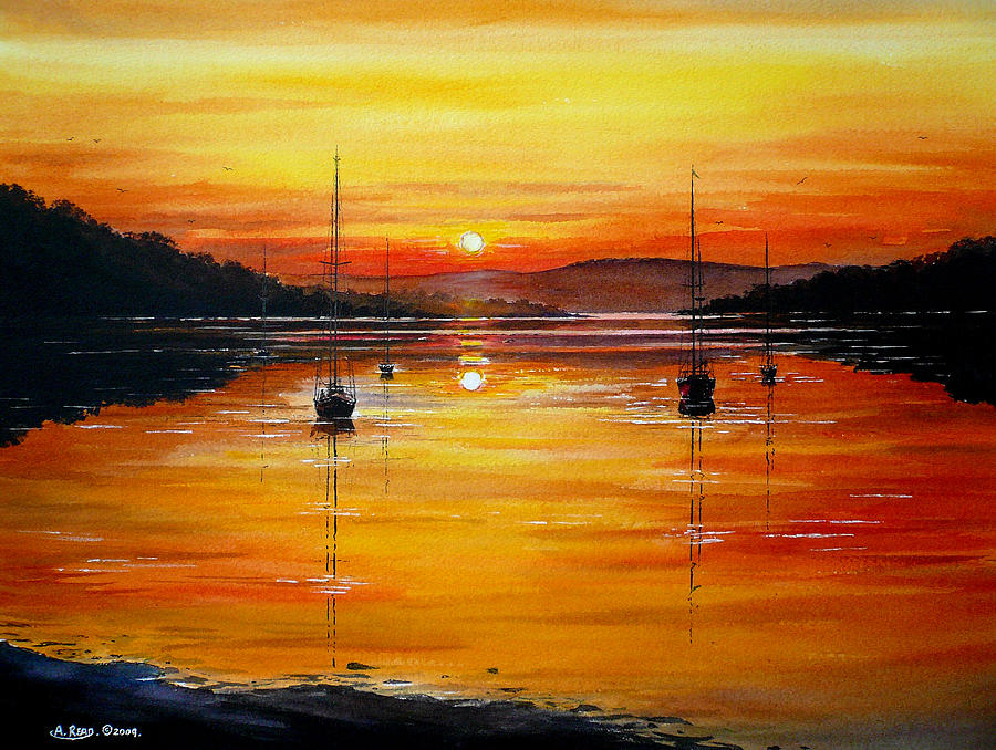 Watery Sunset at Bala lake Painting by Andrew Read