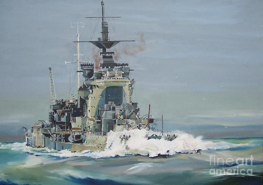 Wave Breaker HMS Warspite in heavy seas Painting by Terence R Rogers