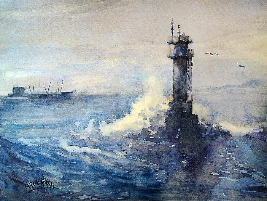 Waves and  Lighthouse Painting by Faruk Koksal