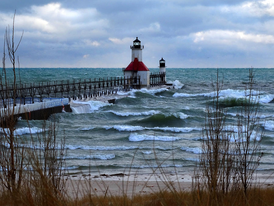 Waves at St Joseph Pier Lights Photograph by David T Wilkinson