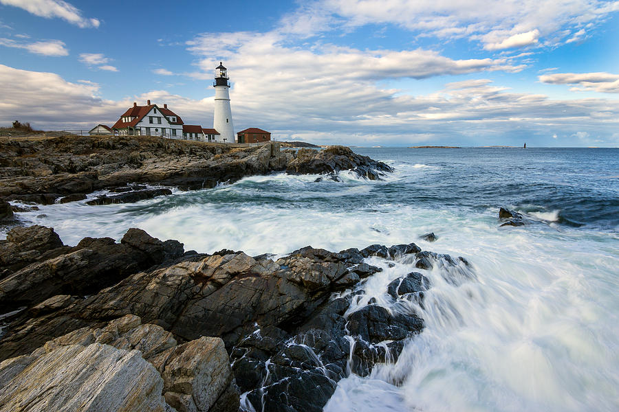 Waves Crash at Portland Head Light Photograph by Jon Secord