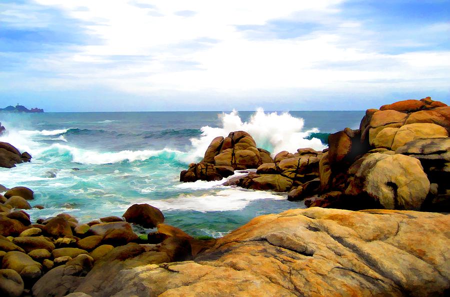 Waves Crashing on Shoreline Rocks Painting by Elaine Plesser