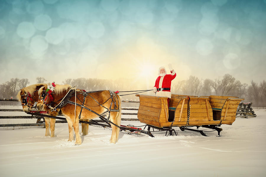 Christmas Photograph - Waving Santa With Sleigh and Team of Horses by Kriss Russell