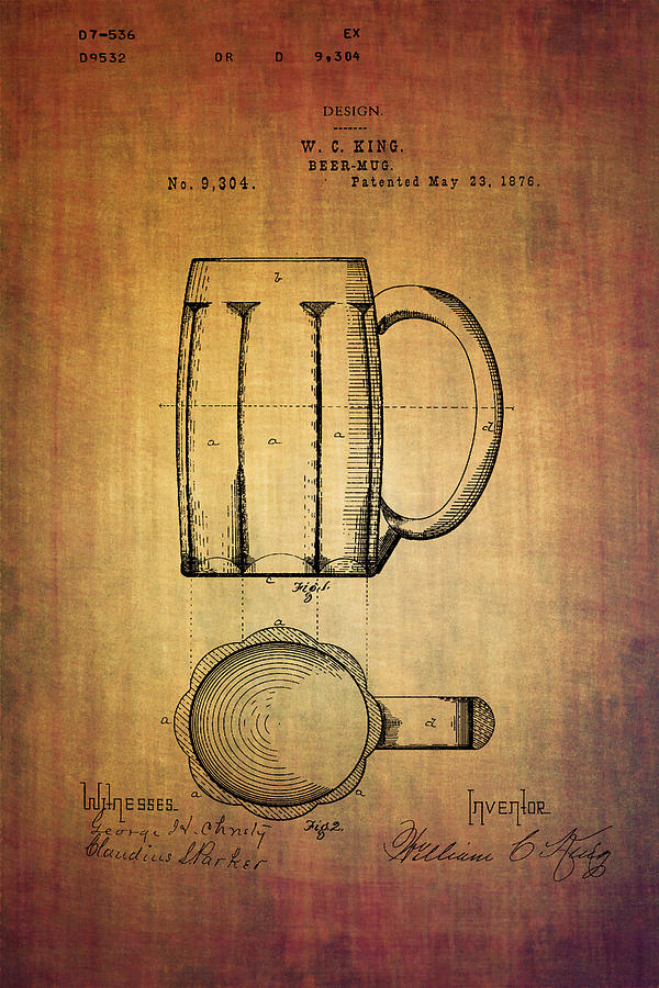 W.C.King beer mug patent from 1876 Digital Art by Eti Reid