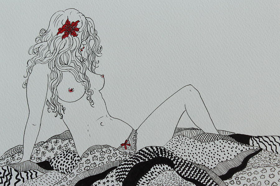 Nude Drawing - Wearing a Red Flower in her Hair by Mary Eden