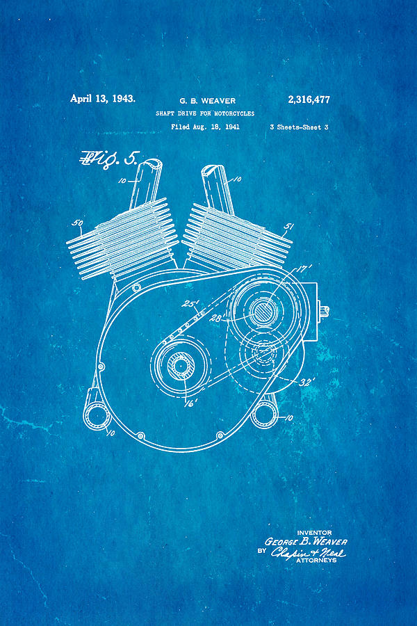 Fork Photograph - Weaver Indian Motorcycle Shaft Drive 2 Patent Art 1943 Blueprint by Ian Monk