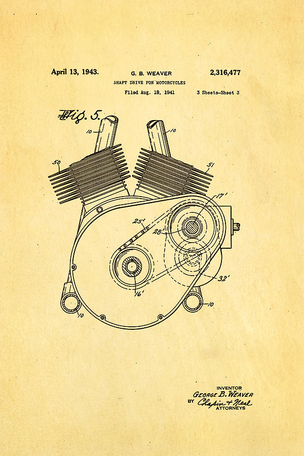Fork Photograph - Weaver Indian Motorcycle Shaft Drive 2 Patent Art 1943 by Ian Monk