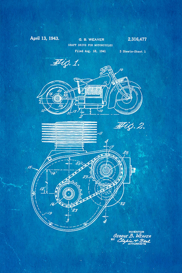 Fork Photograph - Weaver Indian Motorcycle Shaft Drive Patent Art 1943 Blueprint by Ian Monk