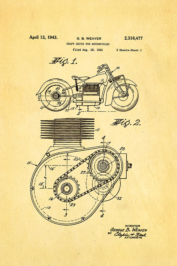 Fork Photograph - Weaver Indian Motorcycle Shaft Drive Patent Art 1943 by Ian Monk