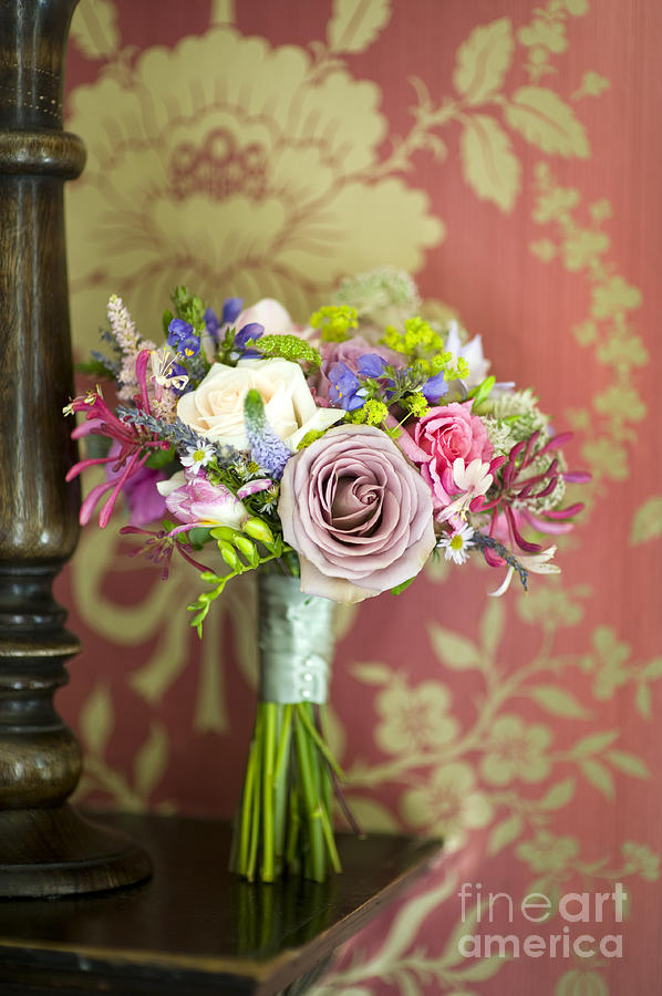 Wedding Bouquet And Vintage Wallpaper Photograph by Lee Avison